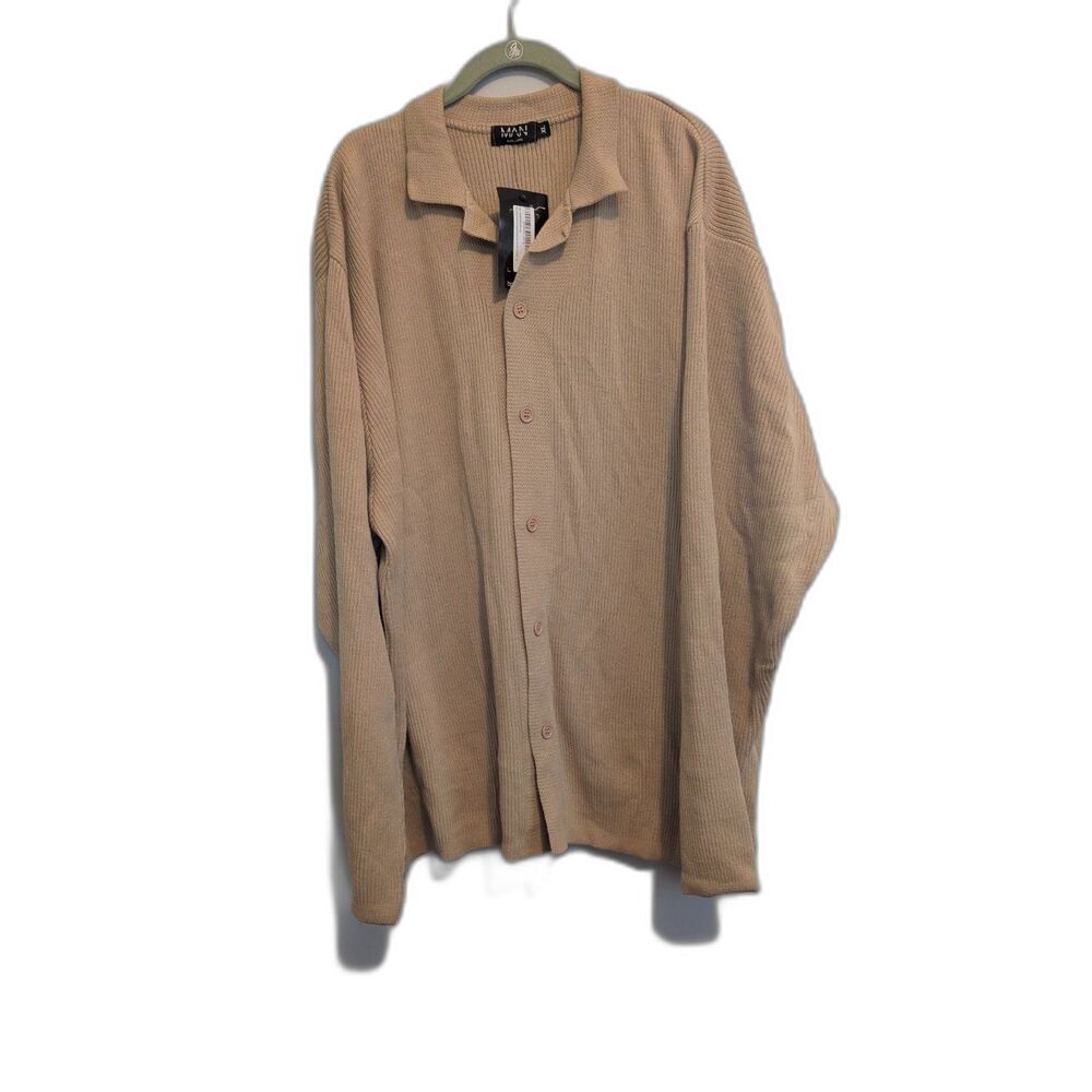 boohooMan Men's Tall Long Sleeve Knitted Ribbed Revere Shirt NWT Stone XL